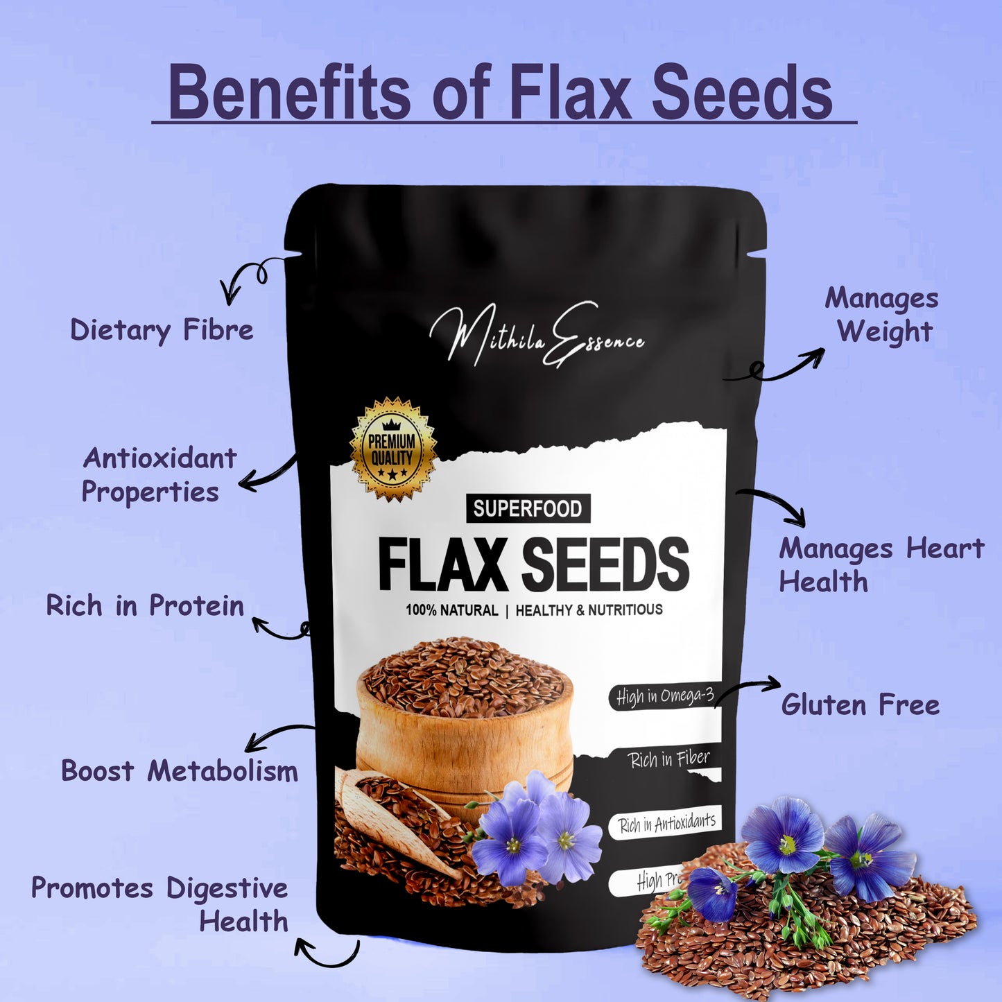 MITHILA ESSENCE SEEDS – FLAX SEEDS 250GM | Omega-3 Flax Seeds For Hair Growth | Rich Source of Iron & Dietary Fibre | Weight Management | Alsi Seeds